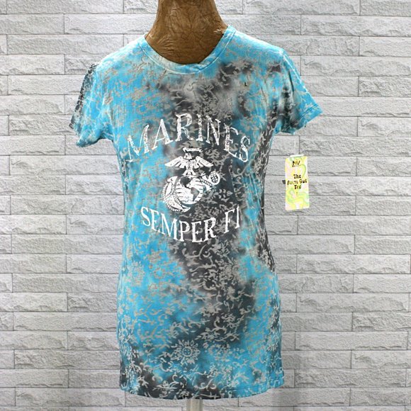 MY SPORT Top Marines Semper Fi Burn Out Tie Dye Cerulean Blue Tee Shirt Large - Picture 1 of 11